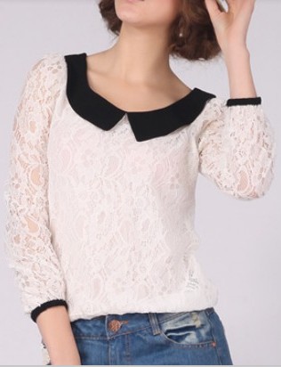 White lace women blouses with black collar
